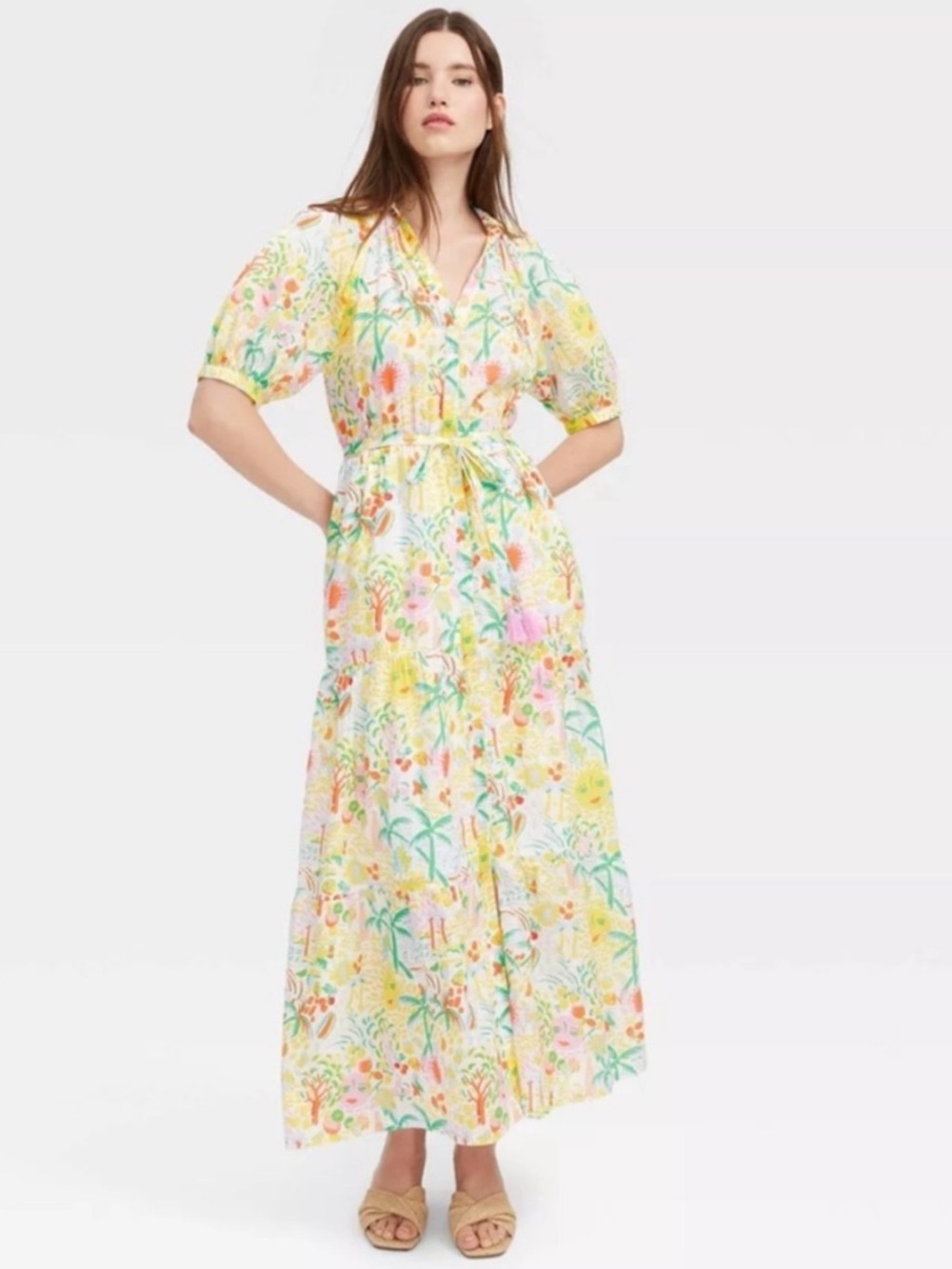 Roller Rabbit x Target Floral Tiered Maxi Dress in Yellow/ Pastel Prnt Sz XS NWT